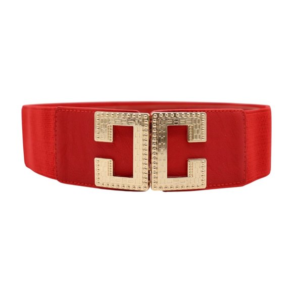 Women Red Elastic Hip High Waist Fashion Belt Big Gold Metal C Buckle Size S M - Picture 5 of 17
